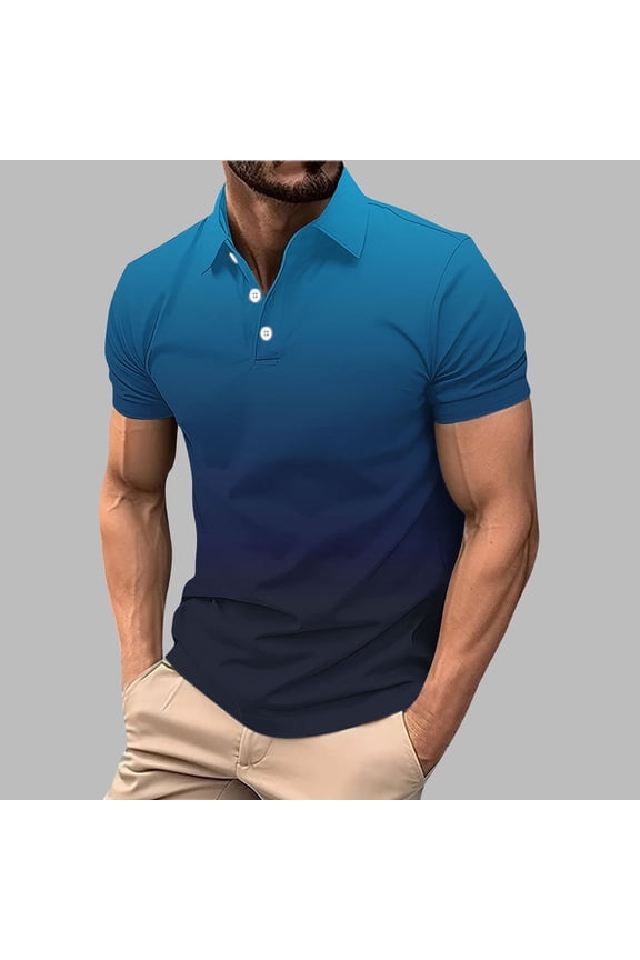 Button Graphic Tees Gradient Collared Short Sleeve Blue Tops Patchwork Modern Retro Vintage Polos Blue,Xxl