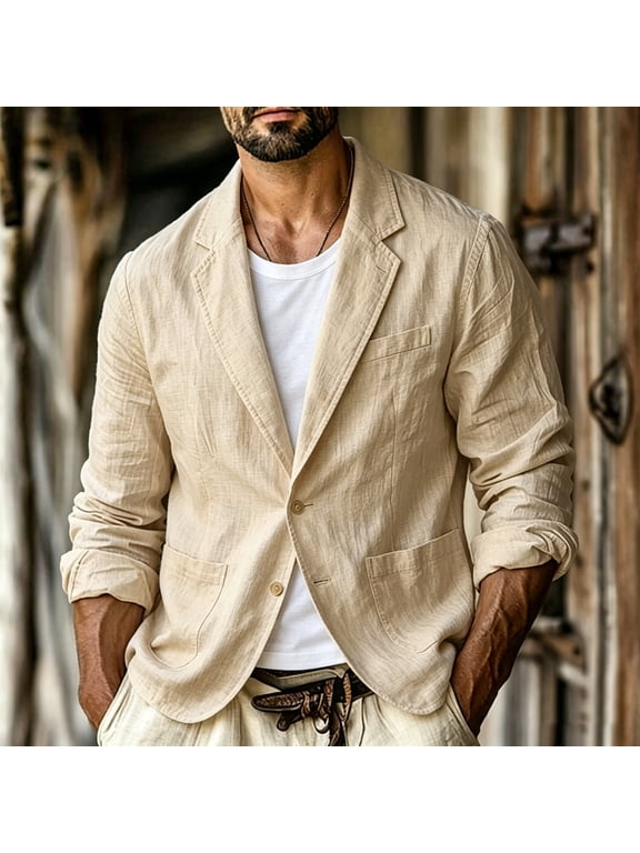 Button Jackets for Men Trendy Collared Long Sleeve Western Style Beige Suit Cotton Blend Vintage Finish Modern Solid Leisure Jackets Beige,L
