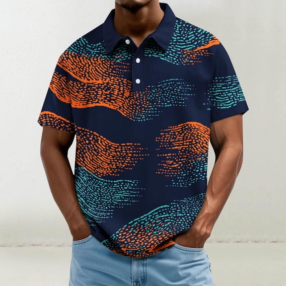 Dolkfu Button Polos&nbsp;Shirts&nbsp;for Men Blue Artistic Style Collared Short Sleeve Tops Striped Line Art Patchwork Polos Navy,L