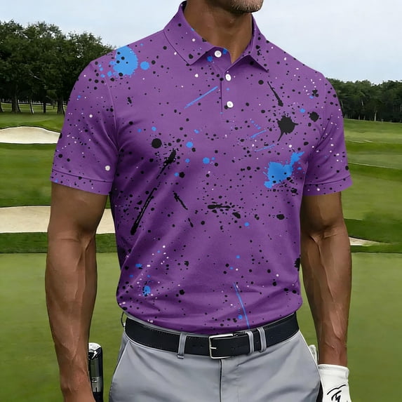 Dolkfu Button Summer Tops Collared Refreshing Purple Short Sleeve Tops Artistic Geometric Patchwork Polos Purple,M