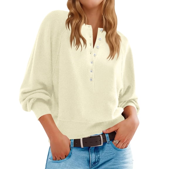 Dolkfu Button Sweater for Women Cozy Beige Crew Neck Sweater Latern Sleeve Solid Pullover Casual Tops for Women S