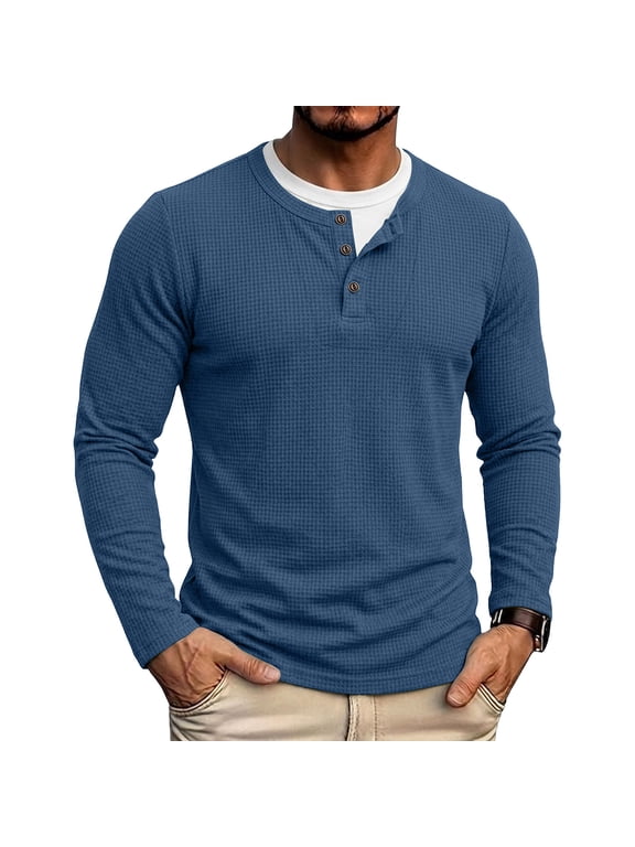 Button True Classic Tees Men Blue Long Sleeve Two-Piece Double-Layer Crew Neck T-Shirts Casual Modern Patchwork Classic Fit Tops Blue,L
