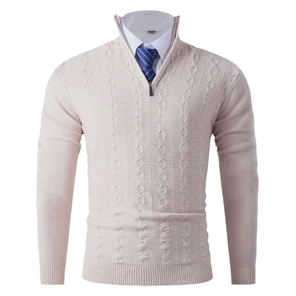 Dolkfu Cable Knit Men Fall Sweater Quarter Zip Mock Neck Yellow Sweater Knitted Mens Slim Fit Basic Pullover L