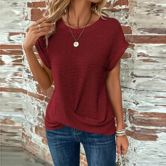 Dolkfu Cap Sleeve Womens Tops Crew Neck Red Waffle Knit T-Shirts Loose Fit Pullover Womens Shirts S