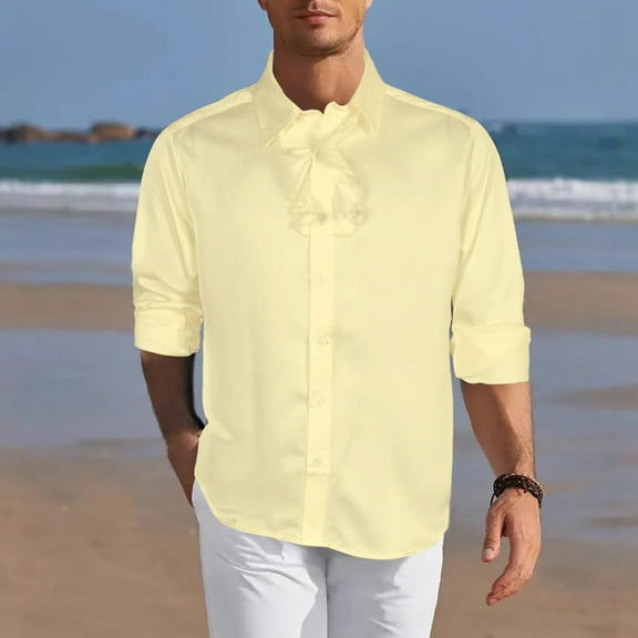 Dolkfu Casual Shirt for Men Satin Bow Front Button Down Shirt Steampunk Classic Fit Dress Shirt Mens Winter Shirts L