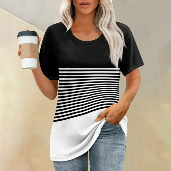 Dolkfu Casual Womens Trendy Tops Round Neck Short Sleeve Striped Color Block Loose Fit Tunic Tops Women Tee Shirts，L