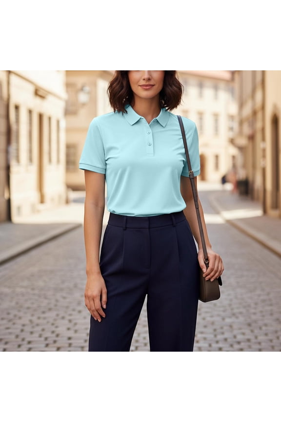 Collared Ladies Tops Blue Business Casual Short Sleeve Polos Breathable Button Women Shirt 3X