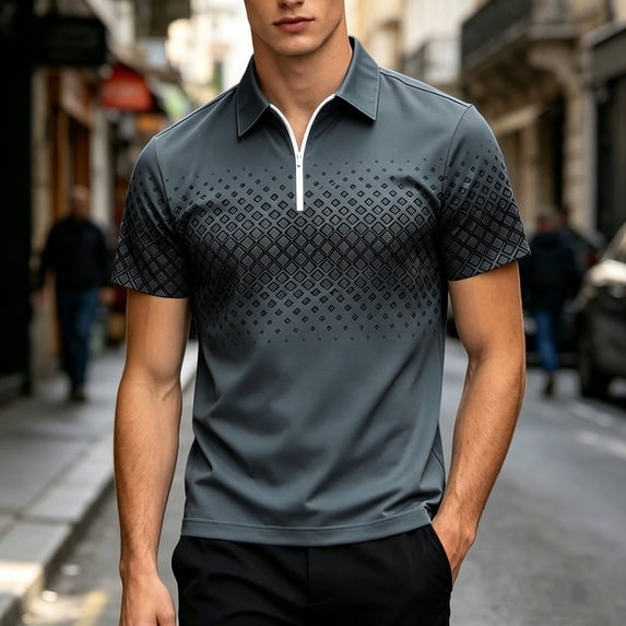 Dolkfu Minimalist Men'S Polos Shirts Gray Quarter Zip Collared Short Sleeve Polos Geometric Patchwork Outdoor Tops Gray,M