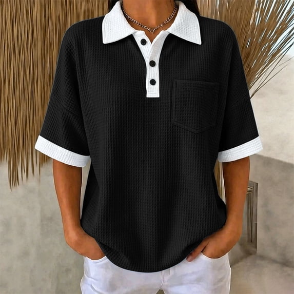 Dolkfu Collared Summer Tops for Women 2026 Short Sleeve Retro Vintage Polycotton Black Fashion Button Patchwork Modern Blouses & Tops Black,L