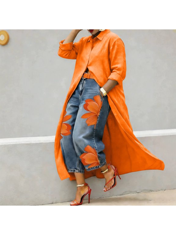 Collared Summer Tops for Women Long Sleeve Duster Shirt Button Orange Blouses & Tops Solid Modern Casual Cotton Blend Orange,S