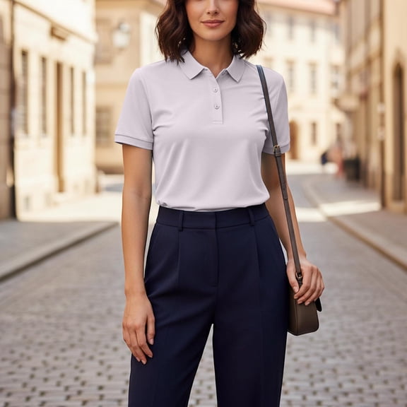 Dolkfu Collared Tops for Women Pink Business Casual Short Sleeve Polos Button Breathable Shirts for Women L