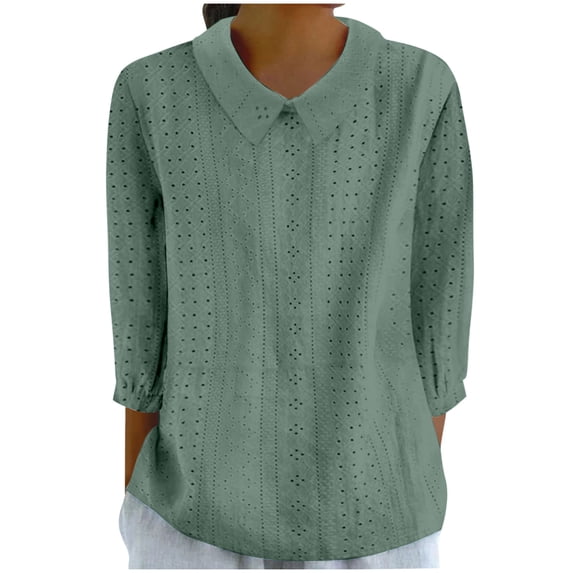Dolkfu Collared Women'S Tops Refreshing Green Pull-on 3/4 Sleeve Blouses & Tops Minimalist Solid Modern Army Green,L