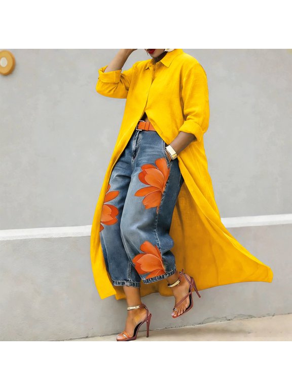Collared Womens Summer Tops Button Yellow Duster Shirt Long Sleeve Blouses & Tops Cotton Blend Modern Casual Solid Yellow,Xxxxxl