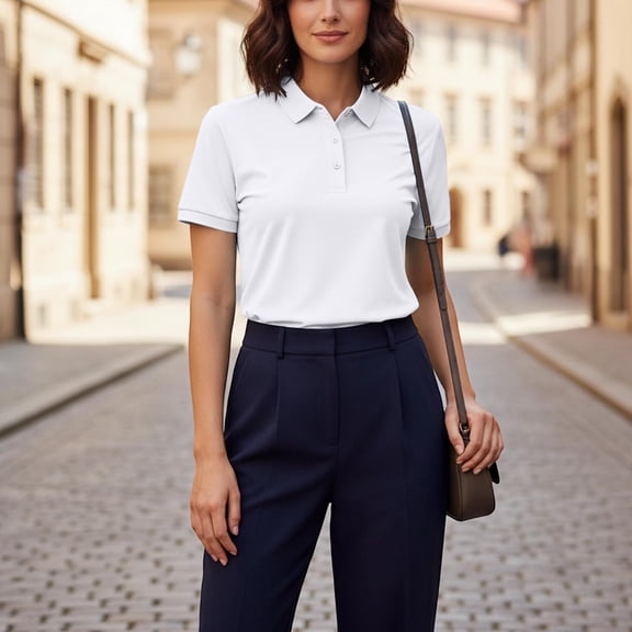 Dolkfu Collared Womens Summer Tops Short Sleeve Business Casual White Polos Button Breathable Womens Shirt L