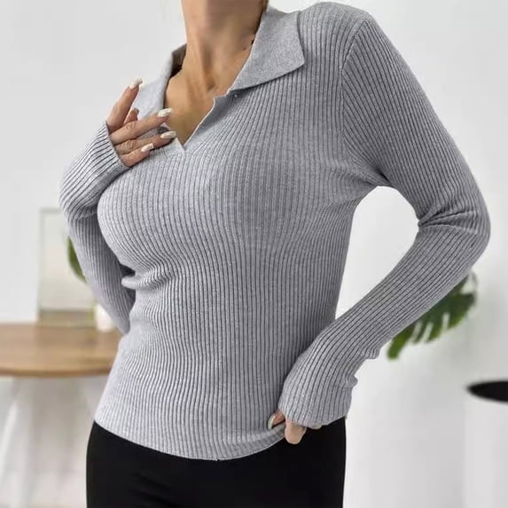Dolkfu Collared Womens Sweaters Casual Gray V Neck Ribbed Base Solid Dressy Sweater Knit Tops for Women,L