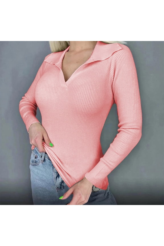 Collared Womens Sweaters Fall V Neck Pink Ribbed Dressy Base Solid Sweater Tops for Women,L