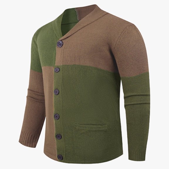 Dolkfu Color Block Mens Fall Sweater Green Button Down Collared Cardigan Sweaters Mens Knitted with Pocket Sweater Coat XXL