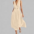 thumbnail image 1 of Dolkfu Cotton Blend Womens Summer Fall Dresses Sleeveless Waist Cinched Beige V-Neck Long-Length Wrap Dresses Refreshing Relaxed Fit Solid Beige,L, 1 of 6