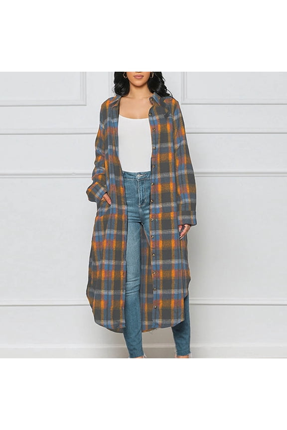 Cotton Linen Jackets for Women Mid-Length Orange Trench Coat Button Down Plaid Long Jacket Fall Coats for Women XL