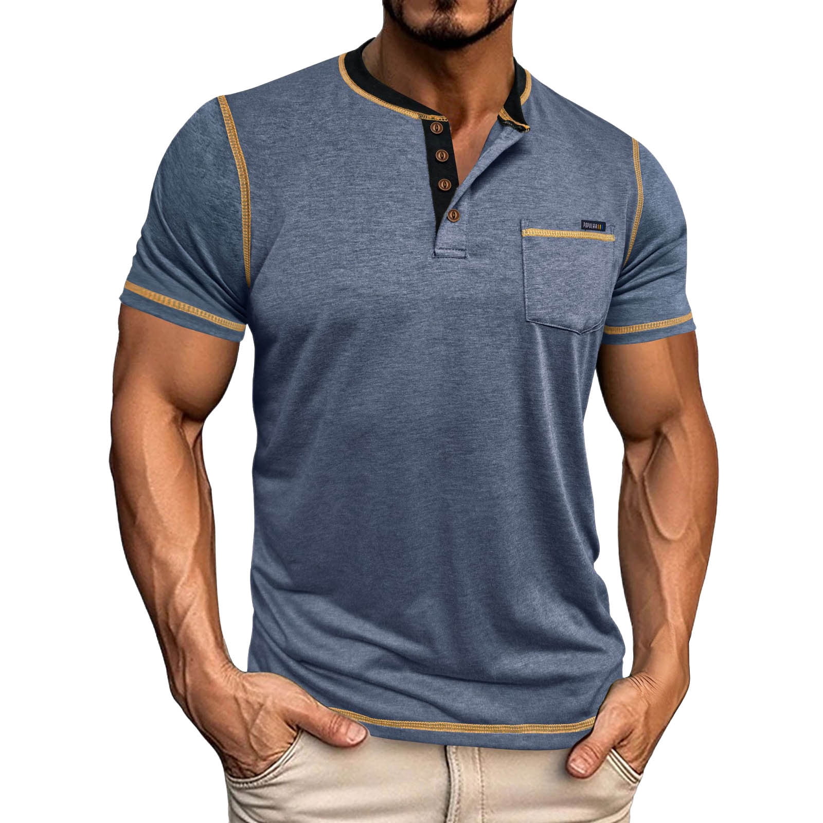 Dolkfu Cotton Men's Shirts Henley T Shirt Blue Short Sleeve Pocket Button Tshirt for Men L