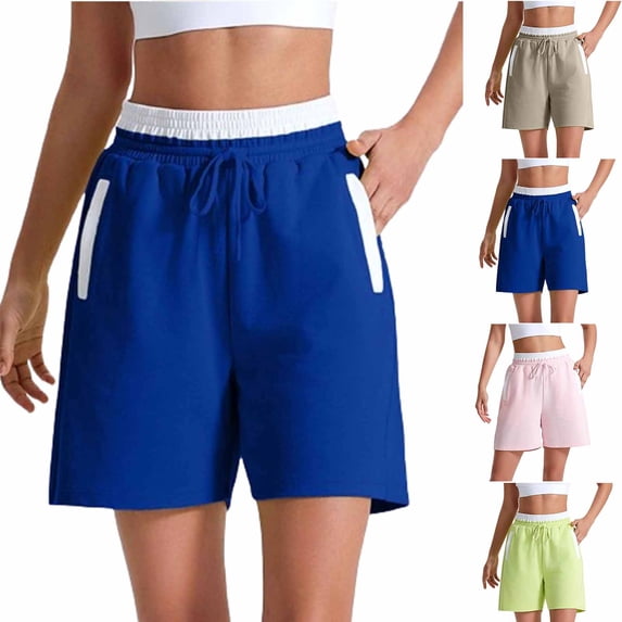 Dolkfu Cotton Shorts for Women Athletic High Waist Burmuda Shorts Blue Drawstring Yoga Women's Shorts M