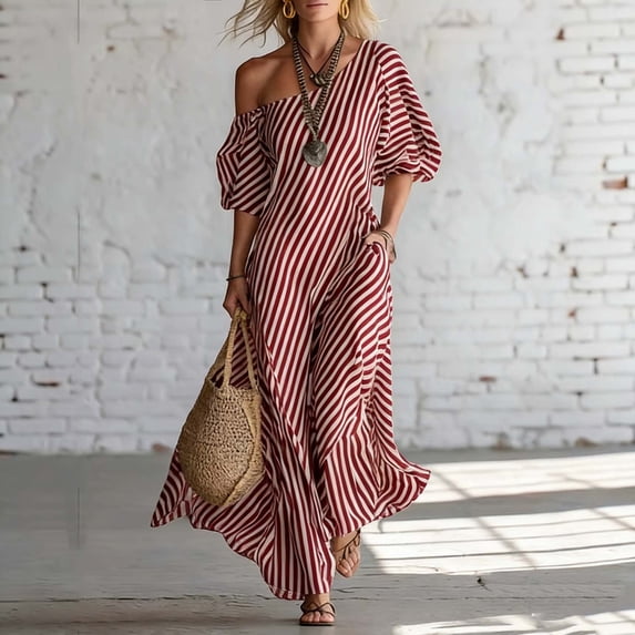 Dolkfu Cowl Neck Going Out Dresses Red French Chic Short Sleeve Maxi A-Line Dresses Classic Striped Patchwork Relaxed Fit Dresses Red,Xl