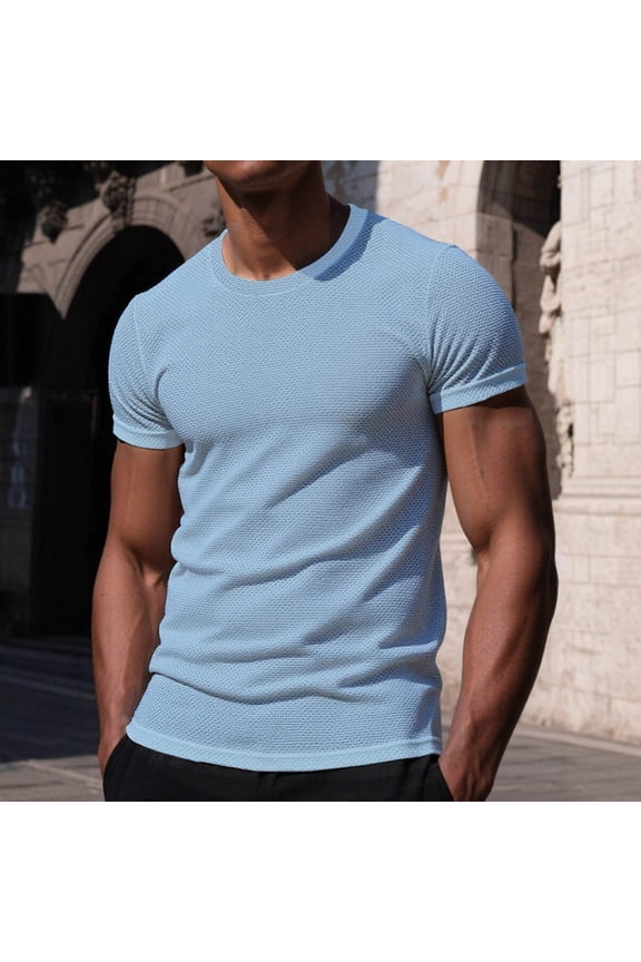 Crew Neck Dress Shirts for Men Blue Refreshing Pull-On Short Sleeve Tops Fashion Modern Solid Casual T-Shirts Light Blue,S