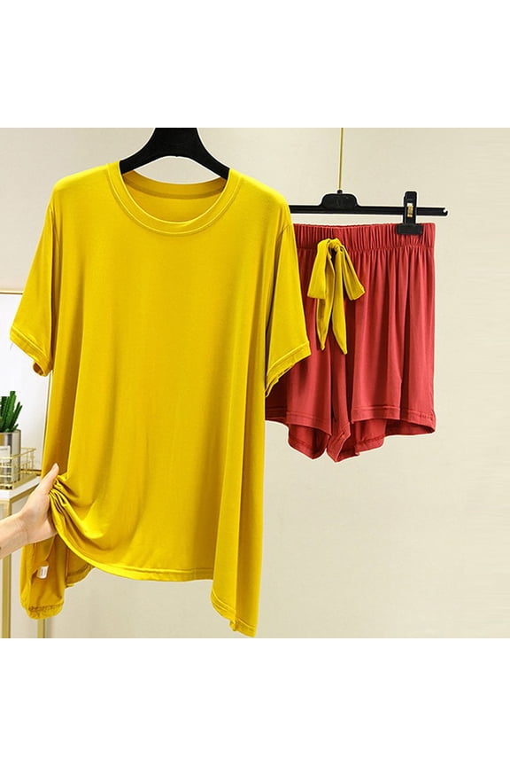 Crew Neck Pajama Sets for Womens Short Sleeve Shorts Pjs Sets Home Comfy 2 Pc Women Sleepwear XL