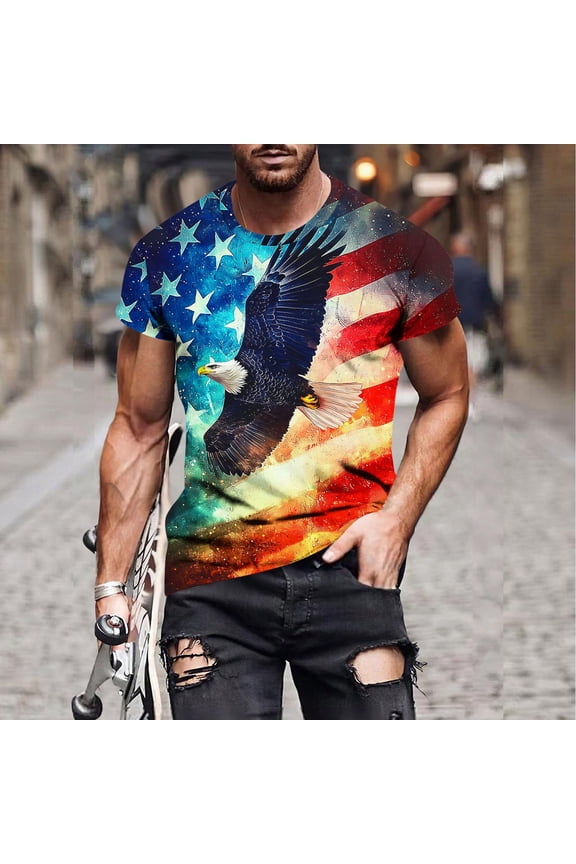 Crew Neck Shirts for Men Independence Day Blue Short Sleeve Pull-On Tops Printed Bald Eagle Animal Refreshing T-Shirts Light Blue,M