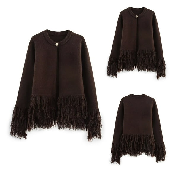 Dolkfu Crew Neck Sweaters for Women 2025 Button Up Brown Fringed Cardigan Sweater Open Front Knit Blouse Tops for Woman L