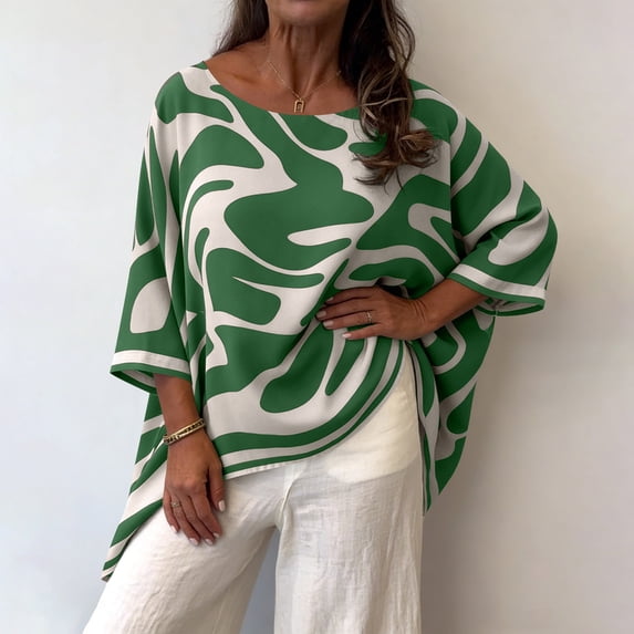 Dolkfu Crew Neck Tops for Women Trendy Green Pull-on 3/4 Sleeve Watercolor Wash Tops Retro Vintage Patchwork Abstract Green,S