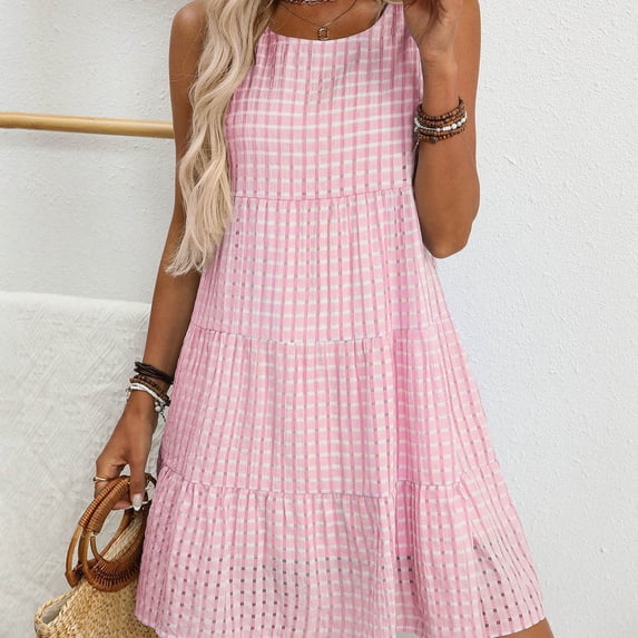 Dolkfu Crew Neck Women'S Dresses Pink Mid-Length French Style Sleeveless Peasant Dresses Refreshing Relaxed Fit Plaid Patchwork Dresses Pink,M