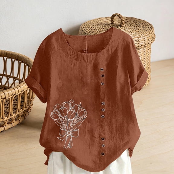 Dolkfu Crew Neck Womens Casual Tops Short Sleeve Linen Brown T Shirts Graphic Button Shirts for Women Trendy S