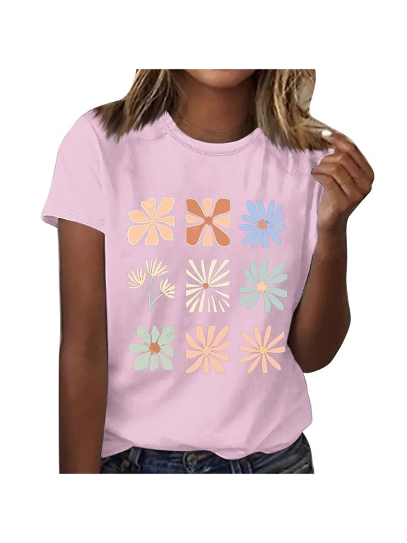 Crew Neck Womens Summer Tops Refreshing Pink Short Sleeve Pull-on T-Shirts Floral Casual Geometric Tops Pink,S