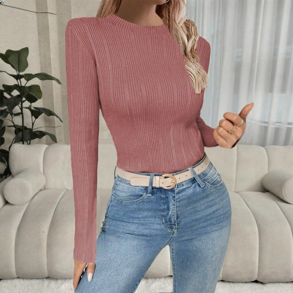 Dolkfu Crew Neck Womens Sweaters 2025 Slim Fit Red Casual Sweater Long Sleeve Ribbed Knit Tops Women Tops S