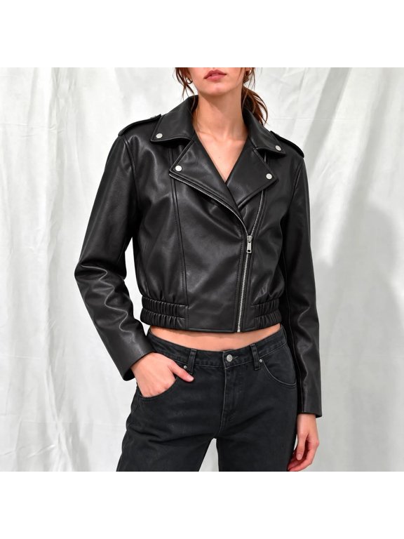 Cropped Black Western Jacket Long Sleeve Collared Western Style Solid Zipper Faux Leather Mid-Weight Overcoat Jackets Retro Vintage Refined,L
