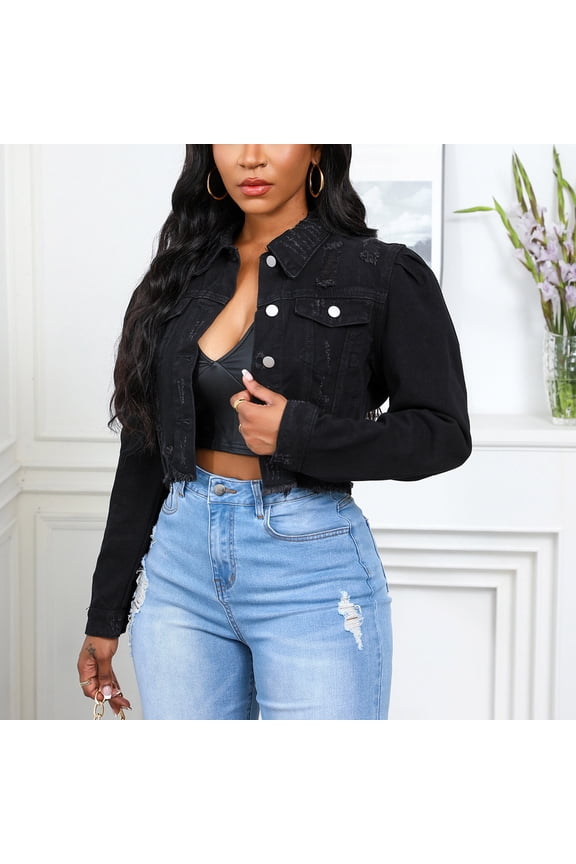 Cropped Jackets for Women Black Distressed Denim Jacket Button Down Ripped Jean Shacket Womens Coats M