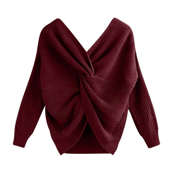 Dolkfu Cropped Winter Sweaters for Women 2025 Wrap Red V Neck Backless Cross Cris Sweater Shirt for Women