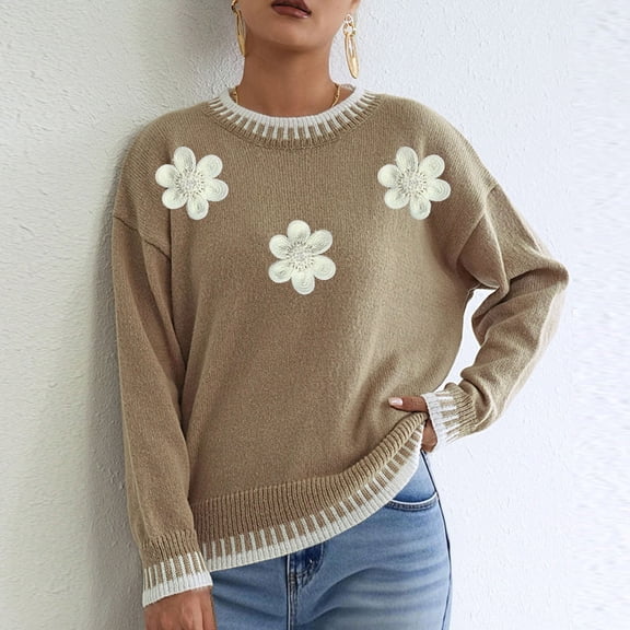 Dolkfu Cute Women Sweaters 2025 Crew Neck Floral Yellow Knit Tops Long Sleeve Casual Sweater Womens Shirts L