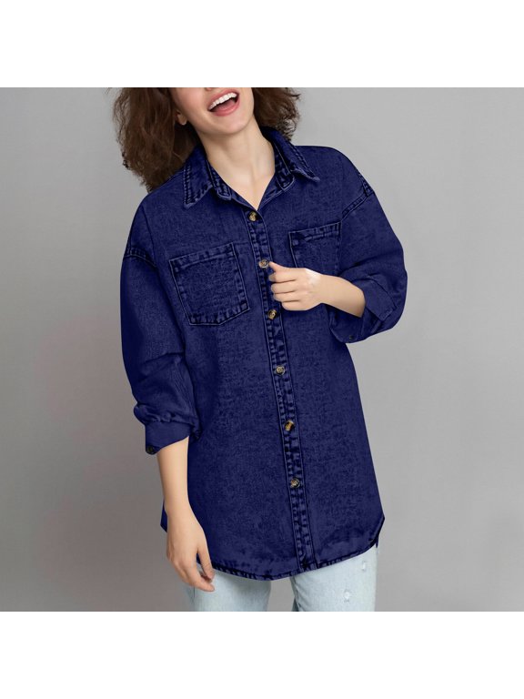 Dark Blue Mid-Length Western Jackets Long Sleeve Collared Western Style Refreshing Fall Mid-Weight Trucker Jackets Solid Slouchy,L