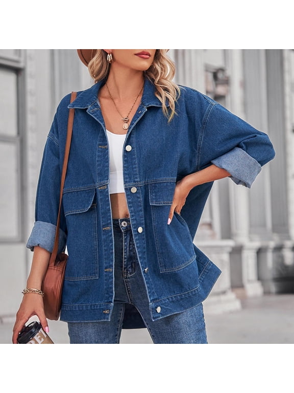 Dark Blue Mid-Length Women Western Jacket Long Sleeve Collared Western Style Retro Vintage Fall Mid-Weight Trucker Jackets Solid Soft Luxe,M
