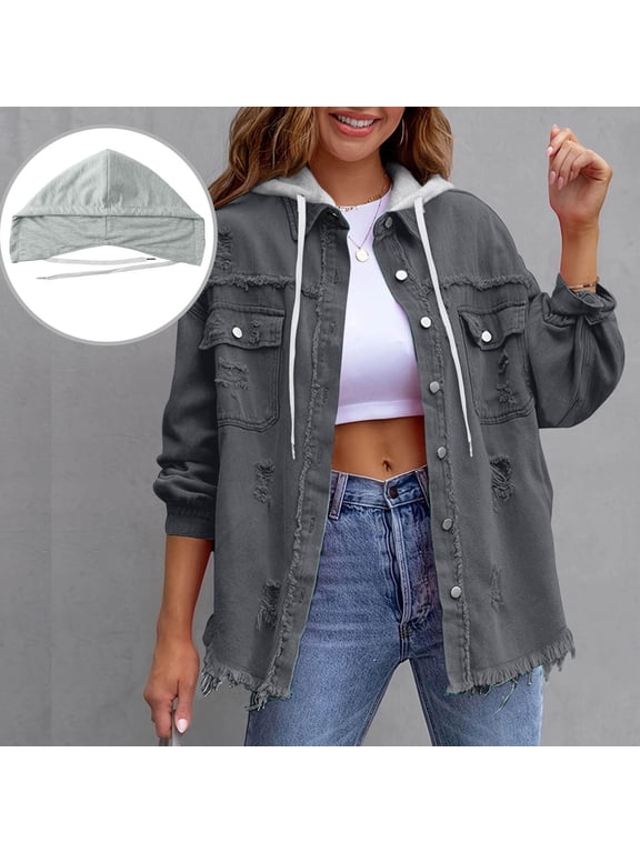 Dark Gray Mid-Length Womens Western Jacket Long Sleeve Hooded Western Style Ripped Fall Mid-Weight Trucker Jackets Solid Retro Vintage,M