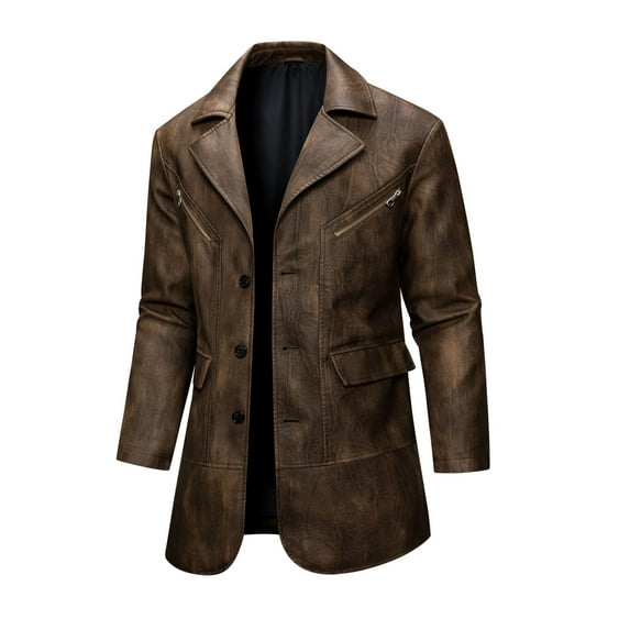 Dolkfu Distressed Men's Jackets Brown Faux Leather Windbreaker Vintage Motocycle Trench Coat Outerwear for Man M