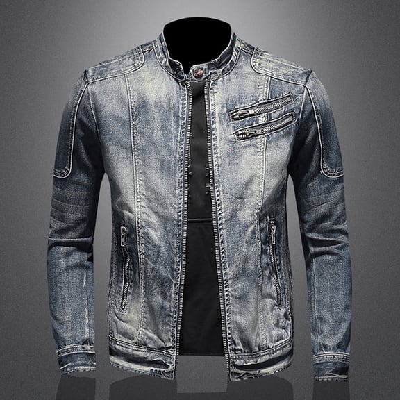Dolkfu Distressed Mens Jackets Faux Leather Gray Trucker Jacket Slim Fit Motocycle Bike Jacket Men's Coats Winter L