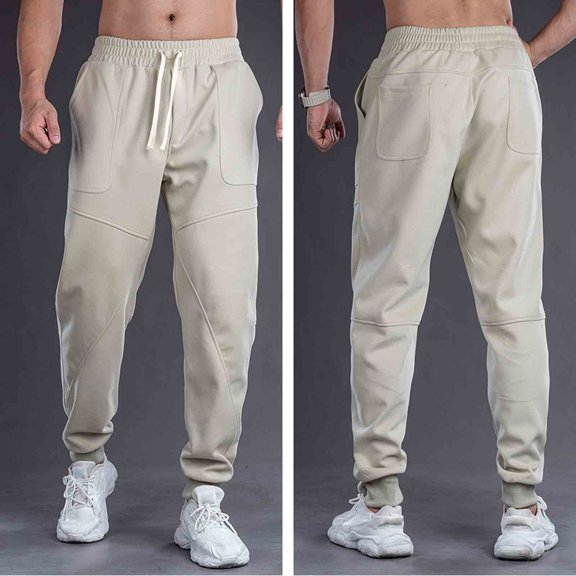 Dolkfu Drawstring Casual Pants for Men Jogger Beige Athletic Sweatpants Elastic Waist Outdoor Active Men Trousers,M
