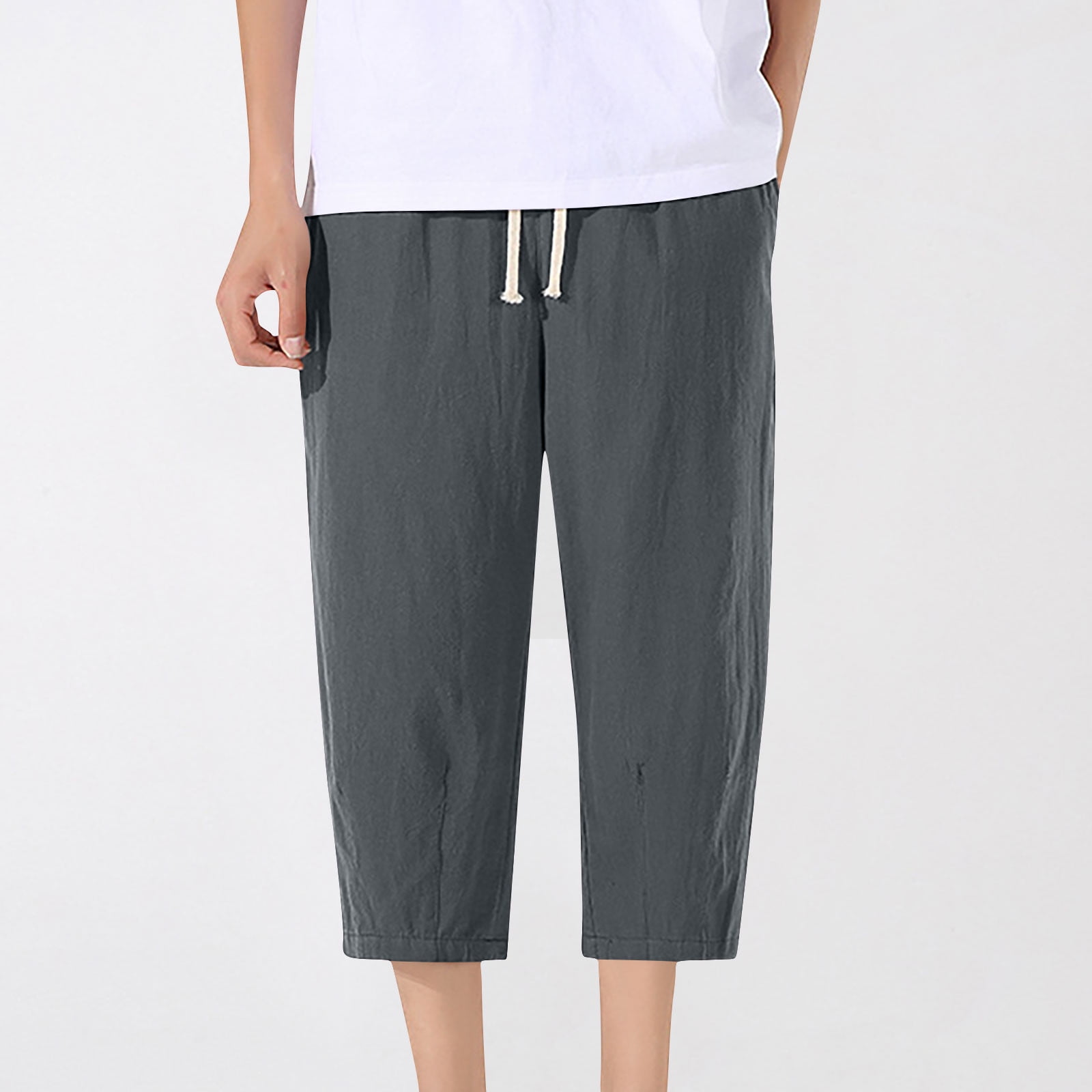 Dolkfu Drawstring Men Summer Pants Capri Elastic Waist Comfy Relaxed ...