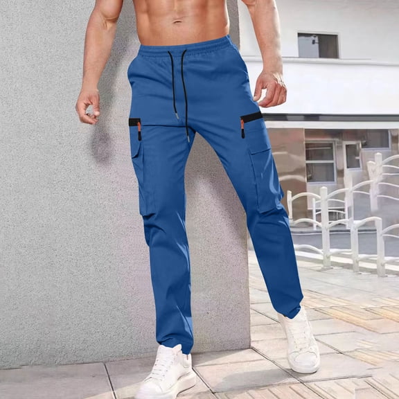 Dolkfu Drawstring Pants Men's Blue Athletic Cargo Sweatpants Running Elastic Waist Track Mens Trouser,S