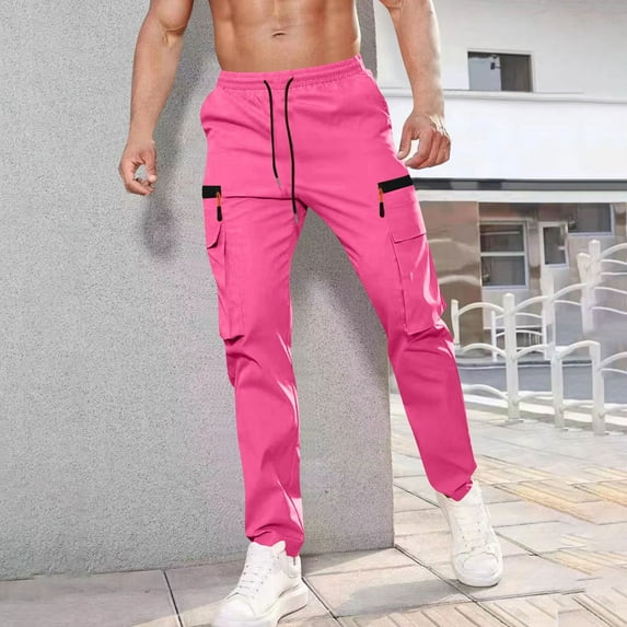 Dolkfu Drawstring Pants for Men Athletic Pink Cargo Sweatpants Track Elastic Waist Running Mens Trousers,XXL