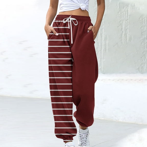 Dolkfu Drawstring Winter Pants for Women Fitness Striped Red Sweatpants Loose Fit High Rise Joggers Women's Trousers S