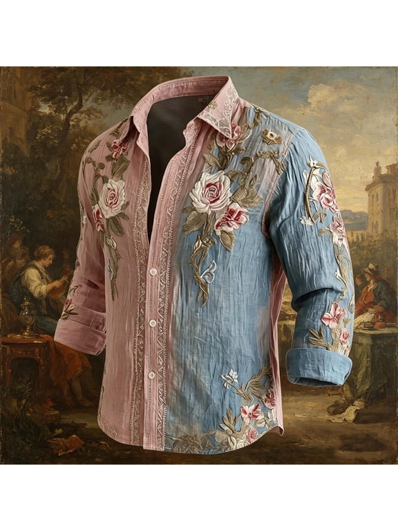 Dress Shirts for Men Long Sleeve Collared Multicolor Boho Button-Up Shirts Printed Floral Outdoor Tops Multicolor,L